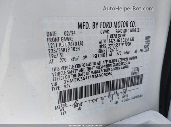 3FMTK3SU7RMA05260 2024 FORD MUSTANG MACH-E White ძრავის განყოფილების ხედი