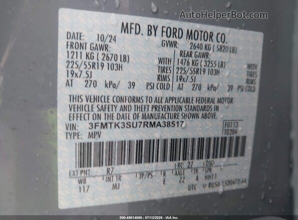 3FMTK3SU7RMA38517 2024 FORD MUSTANG MACH-E Gray Engine compartment view