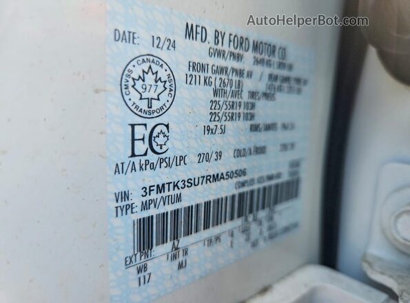 3FMTK3SU7RMA50506 2024 FORD MUSTANG White VIN կոդի պիտակի տեսք