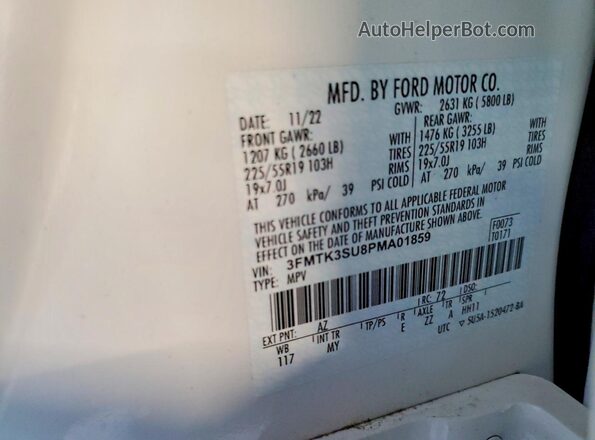 3FMTK3SU8PMA01859 2023 FORD MUSTANG White VIN կոդի պիտակի տեսք