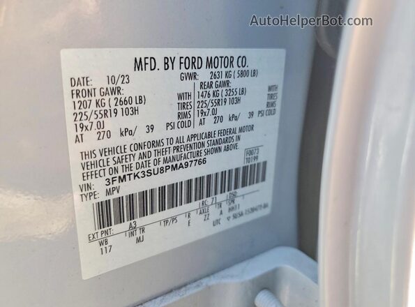 3FMTK3SU8PMA97766 2023 FORD MUSTANG White VIN կոդի պիտակի տեսք