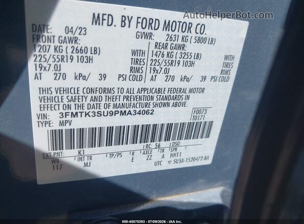 3FMTK3SU9PMA34062 2023 FORD MUSTANG MACH-E Blue Vista del compartimento del motor