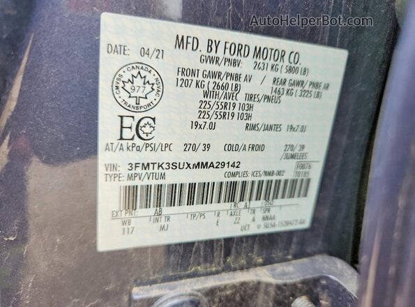 3FMTK3SUXMMA29142 2021 FORD MUSTANG Blue VIN კოდის სტიკერის ხედი