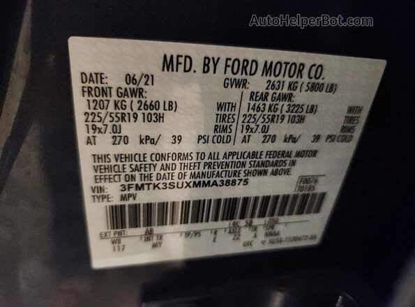 3FMTK3SUXMMA38875 2021 FORD MACH Синий Вид подкапотного пространства