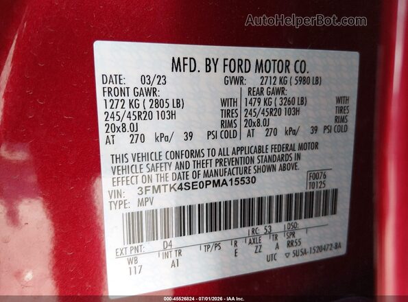 3FMTK4SE0PMA15530 2023 FORD MUSTANG MACH-E Red Вид підкапотного простору