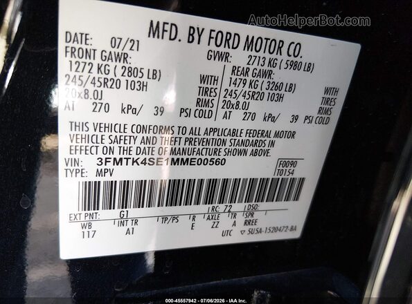 3FMTK4SE1MME00560 2021 FORD MUSTANG MACH-E Black Widok komory silnika