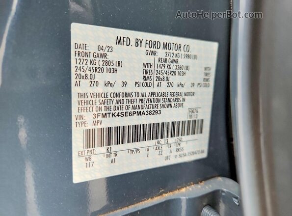 3FMTK4SE6PMA38293 2023 FORD MUSTANG Blue Widok naklejki z numerem VIN