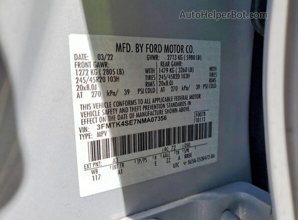 3FMTK4SE7NMA07356 2022 FORD MUSTANG Белый Панорамный вид салона 360°