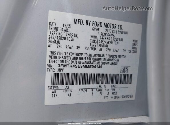 3FMTK4SE9MME04145 2021 FORD MUSTANG MACH-E White ძრავის განყოფილების ხედი