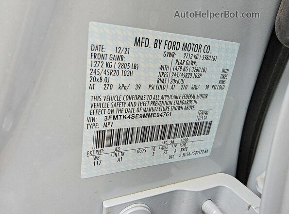 3FMTK4SE9MME04761 2021 FORD MUSTANG Gray VIN կոդի պիտակի տեսք