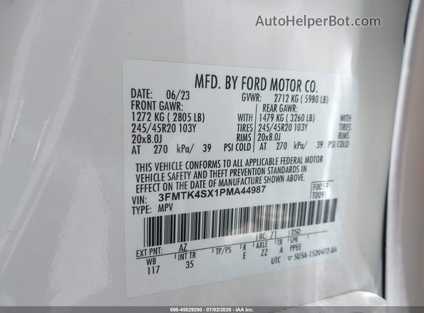 3FMTK4SX1PMA44987 2023 FORD MUSTANG MACH-E White ძრავის განყოფილების ხედი