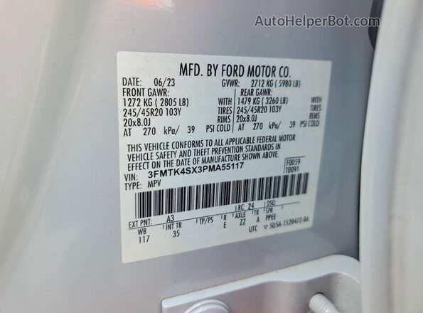 3FMTK4SX3PMA55117 2023 FORD MUSTANG White VIN კოდის სტიკერის ხედი