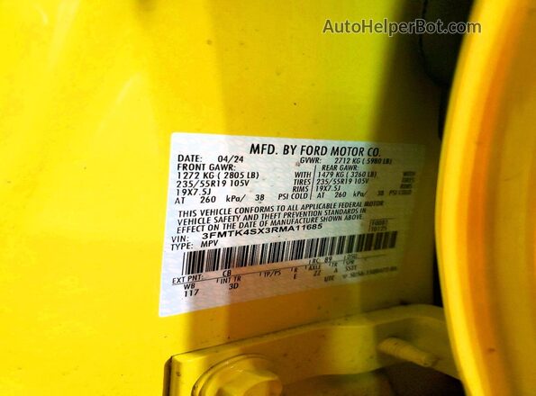 3FMTK4SX3RMA11685 2024 FORD MUSTANG Yellow VIN կոդի պիտակի տեսք
