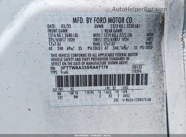 3FTTW8A33SRA67178 2025 FORD MAVERICK White Widok komory silnika