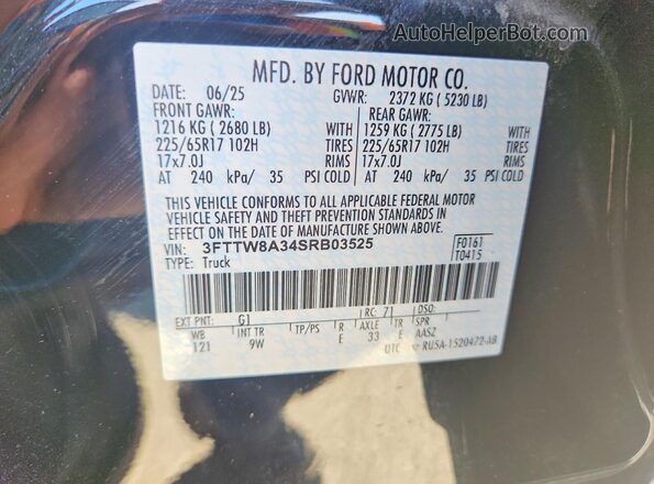 3FTTW8A34SRB03525 2025 FORD MAVERICK Black VIN კოდის სტიკერის ხედი