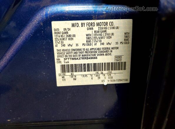 3FTTW8A37RRB49666 2024 FORD MAVERICK Blue Vista del compartimento del motor