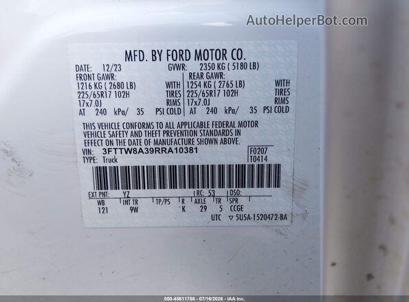 3FTTW8A39RRA10381 2024 FORD MAVERICK White Вид підкапотного простору