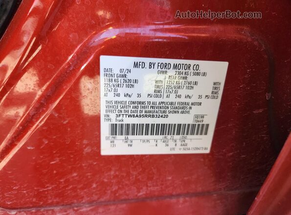 3FTTW8A95RRB32420 2024 FORD MAVERICK Red VIN კოდის სტიკერის ხედი