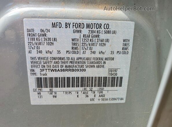 3FTTW8A98RRB09309 2024 FORD MAVERICK Gray Vista del compartimento del motor