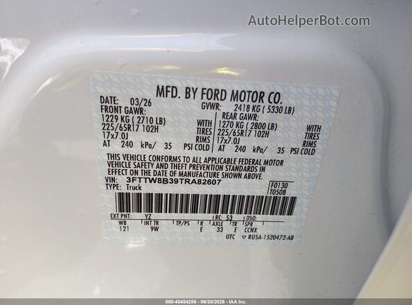 3FTTW8B39TRA82607 2026 FORD MAVERICK White Vista del compartimento del motor