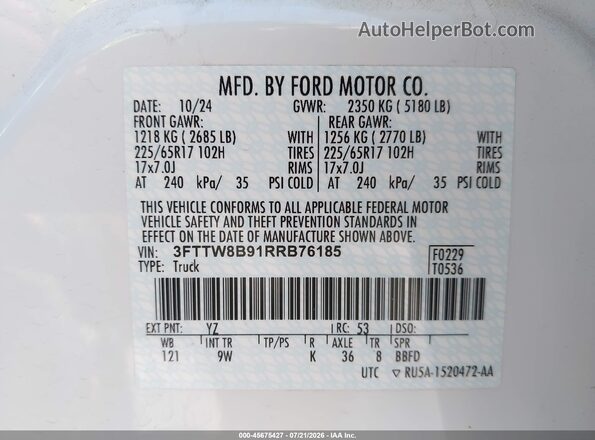 3FTTW8B91RRB76185 2024 FORD MAVERICK White ძრავის განყოფილების ხედი