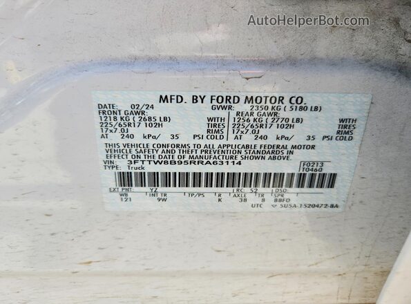 3FTTW8B95RRA63114 2024 FORD MAVERICK White VIN կոդի պիտակի տեսք