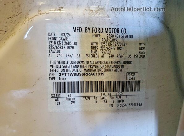 3FTTW8B96RRA61839 2024 FORD MAVERICK White Widok komory silnika