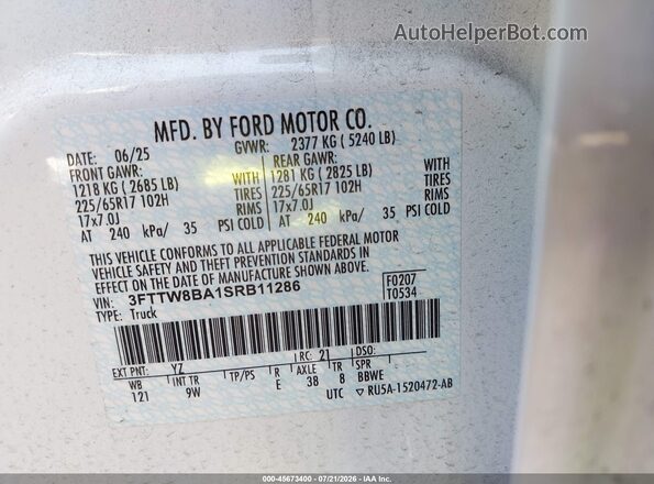 3FTTW8BA1SRB11286 2025 FORD MAVERICK Белый Вид подкапотного пространства
