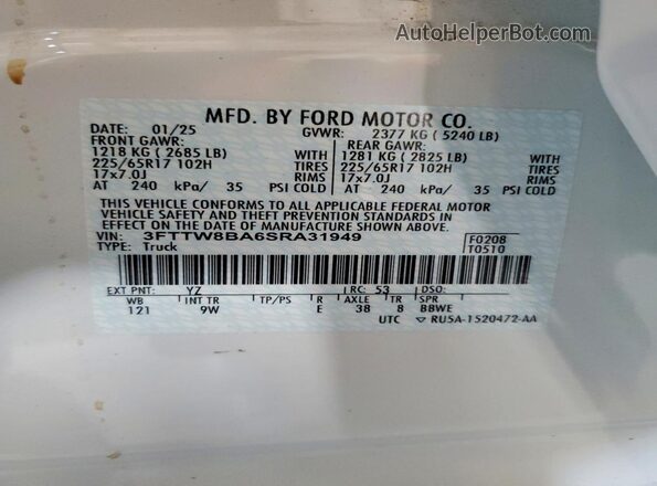 3FTTW8BA6SRA31949 2025 FORD MAVERICK White Vista del compartimento del motor