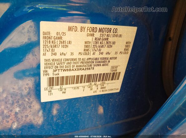 3FTTW8BAXSRA25975 2025 FORD MAVERICK Blue Vista del compartimento del motor