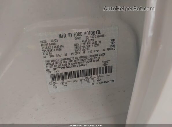 3FTTW8BAXSRB66691 2025 FORD MAVERICK White Вид підкапотного простору