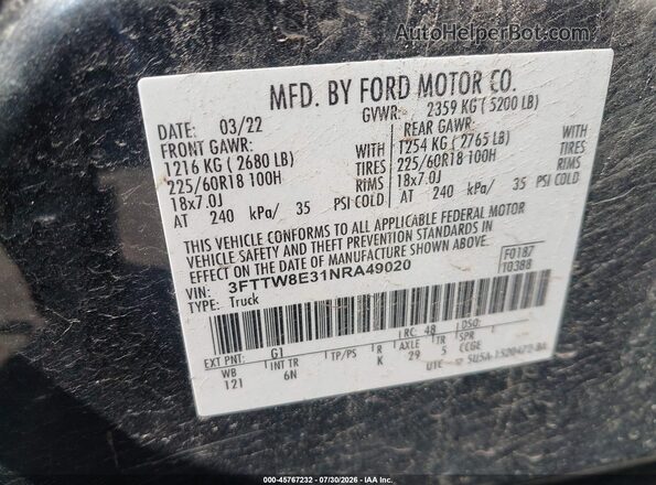 3FTTW8E31NRA49020 2022 FORD MAVERICK Черный Вид подкапотного пространства