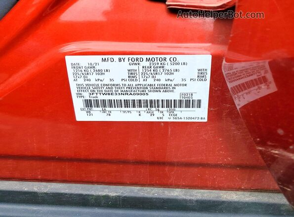 3FTTW8E33NRA09005 2022 FORD MAVERICK Orange Вид наклейки з VIN-кодом