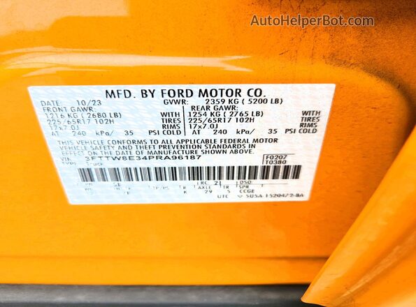 3FTTW8E34PRA96187 2023 FORD MAVERICK Yellow Vista de la etiqueta del VIN