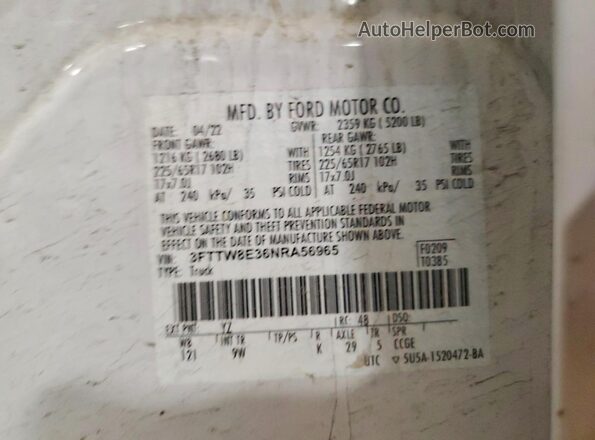 3FTTW8E36NRA56965 2022 FORD MAVERICK White Engine compartment view