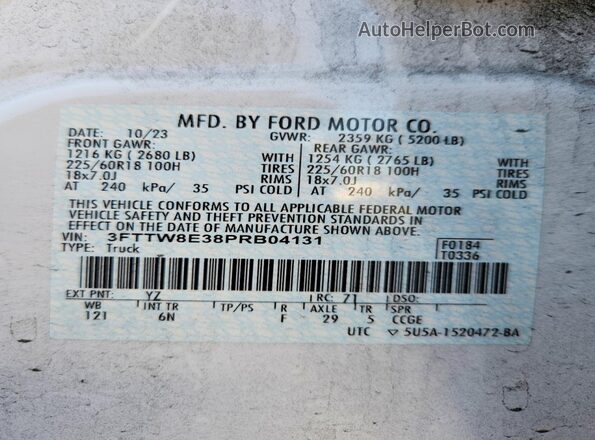3FTTW8E38PRB04131 2023 FORD MAVERICK Белый Панорамный вид салона 360°