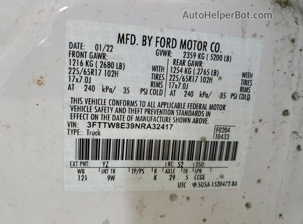 3FTTW8E39NRA32417 2022 FORD MAVERICK Белый Вид наклейки с VIN-кодом