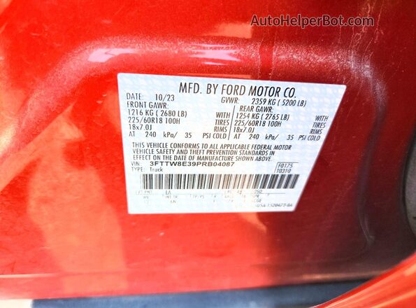 3FTTW8E39PRB04087 2023 FORD MAVERICK Red Vista de la etiqueta del VIN