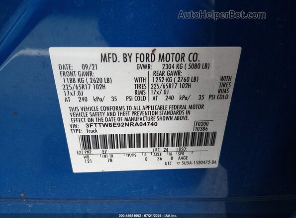 3FTTW8E92NRA04740 2022 FORD MAVERICK Blue Շարժիչի բաժամունքի տեսք