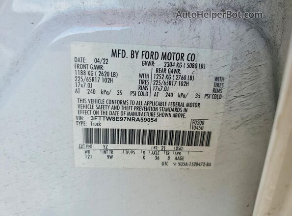3FTTW8E97NRA59054 2022 FORD MAVERICK White Vista del compartimento del motor