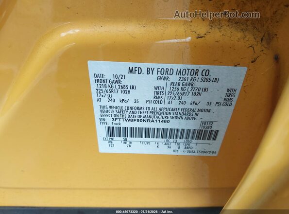 3FTTW8F90NRA11460 2022 FORD MAVERICK Yellow Вид підкапотного простору