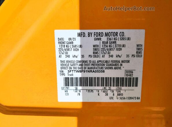3FTTW8F91NRA05358 2022 FORD MAVERICK Yellow Vista del compartimento del motor