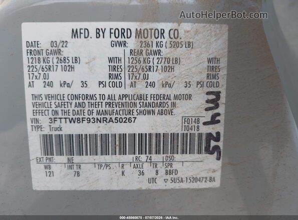 3FTTW8F93NRA50267 2022 FORD MAVERICK Blue Vista del compartimento del motor