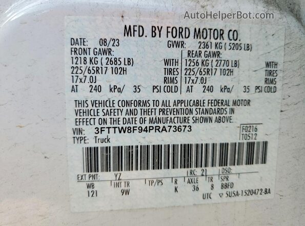 3FTTW8F94PRA73673 2023 FORD MAVERICK White Widok naklejki z numerem VIN