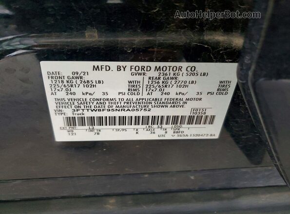 3FTTW8F95NRA05752 2022 FORD MAVERICK Blue Vista del compartimento del motor