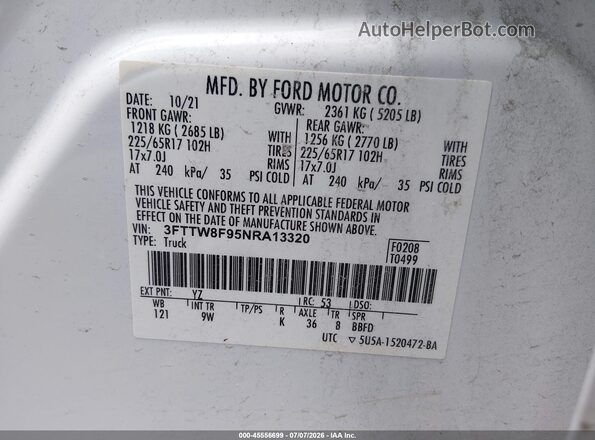 3FTTW8F95NRA13320 2022 FORD MAVERICK White Vista del compartimento del motor