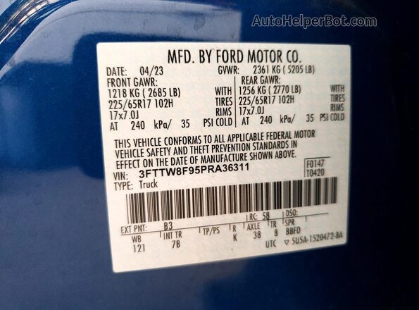 3FTTW8F95PRA36311 2023 FORD MAVERICK Blue VIN კოდის სტიკერის ხედი