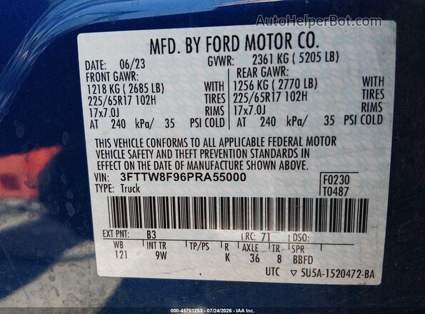 3FTTW8F96PRA55000 2023 FORD MAVERICK Blue Engine compartment view