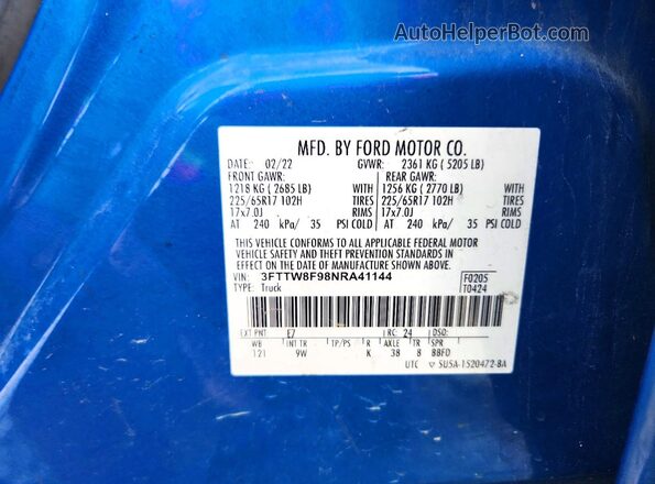 3FTTW8F98NRA41144 2022 FORD MAVERICK Синий Вид подкапотного пространства