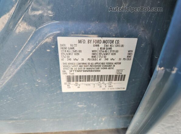3FTTW8F98NRB05084 2022 FORD MAVERICK Blue Vista de la etiqueta del VIN